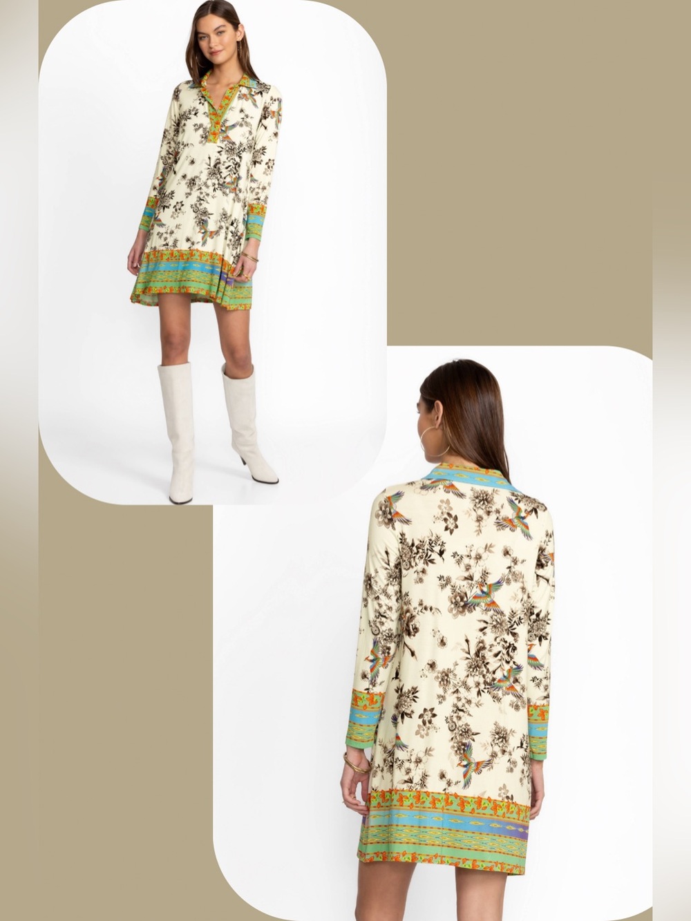 Johnny Was The Janie Favorite 3/4 Sleeve Polo Swing Dress Bird Print Size Medium